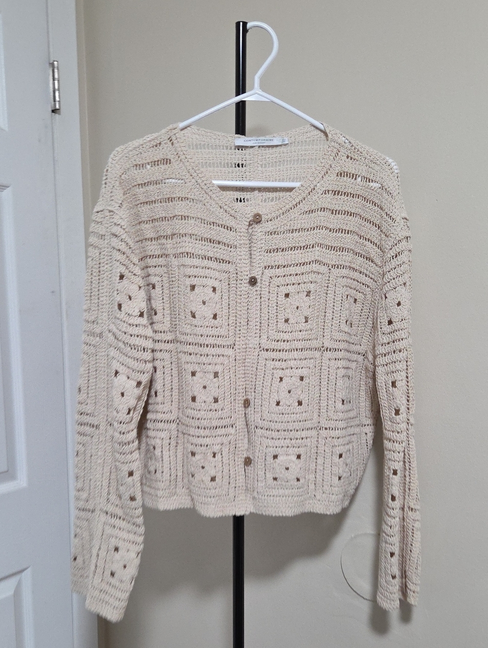 Simons Beige Openwork Crochet Button Cardigan